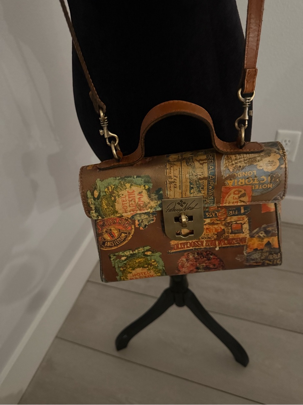 Patricia Nash Brown Vintage Sticker-Print Leather Messenger